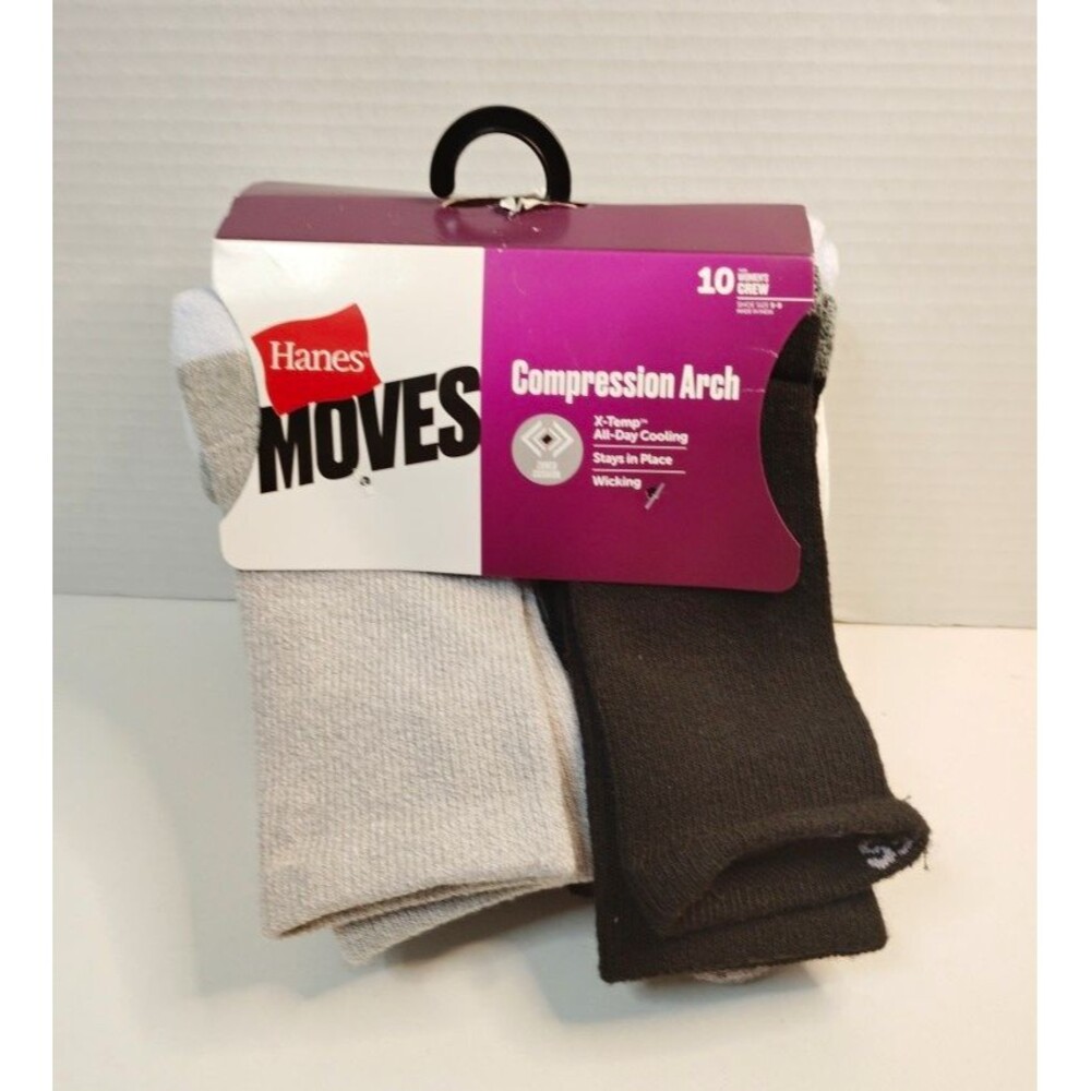 Hanes Moves Womenn's Crew Socks 10 Pairs Compression Arch Cushioned Size 5-9